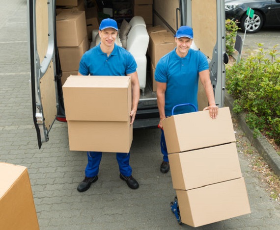 42544866 - two happy male workers loading stack of cardboard boxes in truck